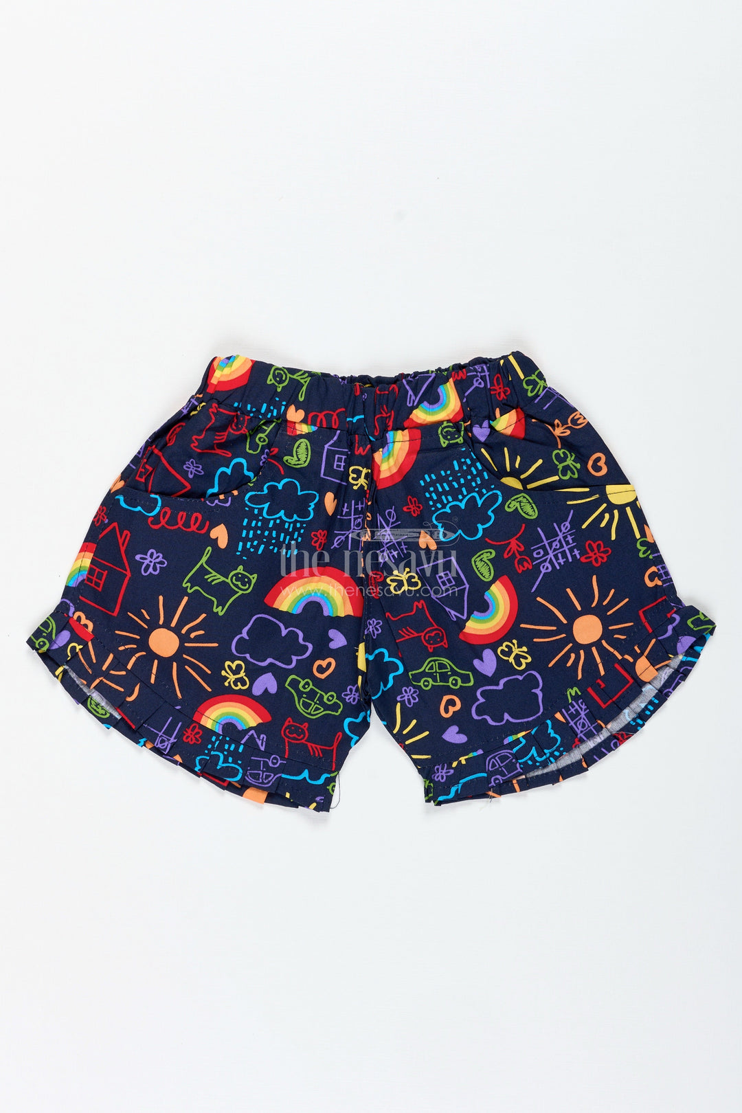 The Nesavu Girls Shorts Multicolor Doodle Print Shorts for Girls Summer Fun Nesavu 22 (4Y) / Multicolor LBW051A-22 Nesavu Girls Multicolor Doodle Cotton Shorts Creative Play Casual Summer Comfort