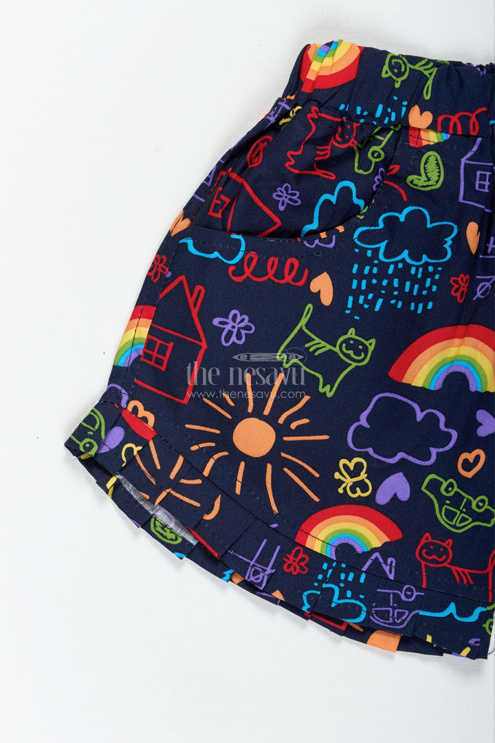 The Nesavu Girls Shorts Multicolor Doodle Print Shorts for Girls Summer Fun Nesavu Nesavu Girls Multicolor Doodle Cotton Shorts Creative Play Casual Summer Comfort