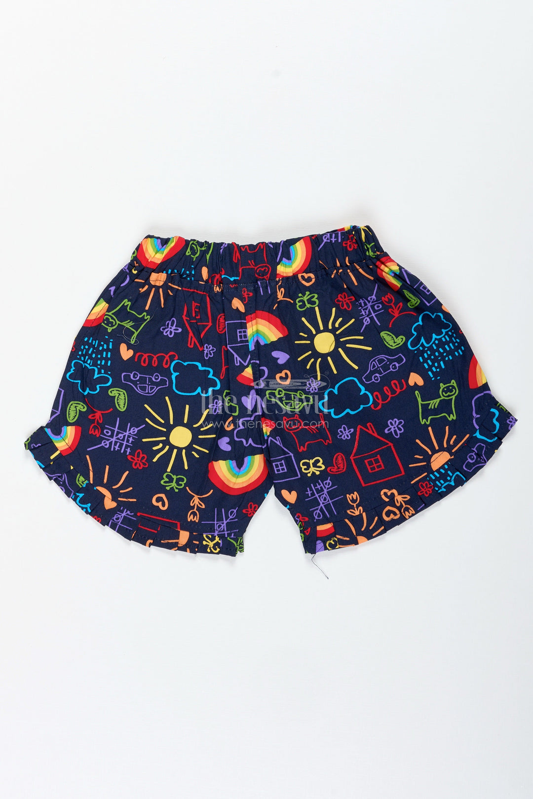The Nesavu Girls Shorts Multicolor Doodle Print Shorts for Girls Summer Fun Nesavu Nesavu Girls Multicolor Doodle Cotton Shorts Creative Play Casual Summer Comfort