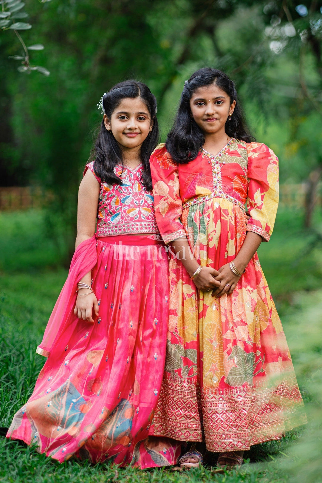 The Nesavu Girls Party Gown Multicolor Floral Print Girls Party Gown with Embellished Neckline and Long Sleeves Nesavu Nesavu Multicolor Floral Print Girls Party Gown Embellished Neckline Long Sleeves Special Occasions