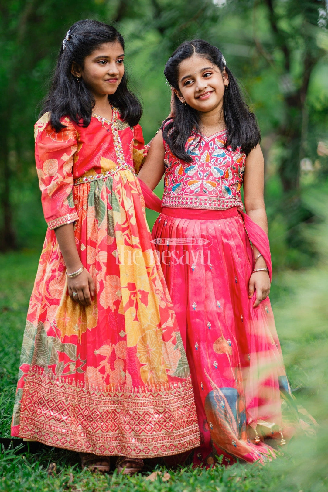 The Nesavu Girls Party Gown Multicolor Floral Print Girls Party Gown with Embellished Neckline and Long Sleeves Nesavu Nesavu Multicolor Floral Print Girls Party Gown Embellished Neckline Long Sleeves Special Occasions