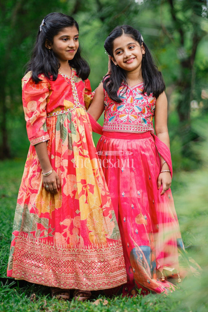 The Nesavu Girls Party Gown Multicolor Floral Print Girls Party Gown with Embellished Neckline and Long Sleeves Nesavu Nesavu Multicolor Floral Print Girls Party Gown Embellished Neckline Long Sleeves Special Occasions