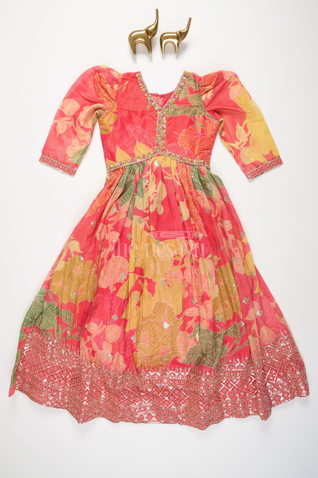 The Nesavu Girls Party Gown Multicolor Floral Print Girls Party Gown with Embellished Neckline and Long Sleeves Nesavu Nesavu Multicolor Floral Print Girls Party Gown Embellished Neckline Long Sleeves Special Occasions
