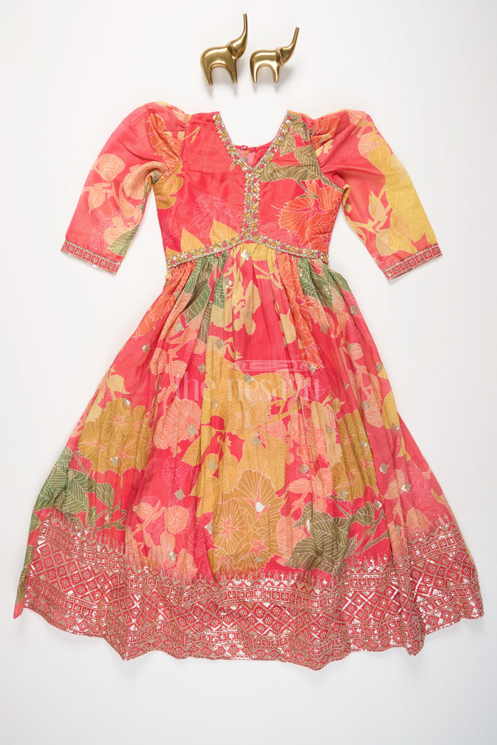 The Nesavu Girls Party Gown Multicolor Floral Print Girls Party Gown with Embellished Neckline and Long Sleeves Nesavu Nesavu Multicolor Floral Print Girls Party Gown Embellished Neckline Long Sleeves Special Occasions