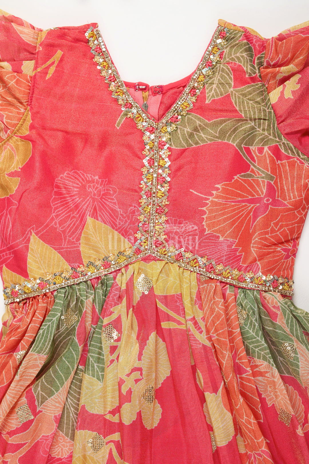 The Nesavu Girls Party Gown Multicolor Floral Print Girls Party Gown with Embellished Neckline and Long Sleeves Nesavu Nesavu Multicolor Floral Print Girls Party Gown Embellished Neckline Long Sleeves Special Occasions