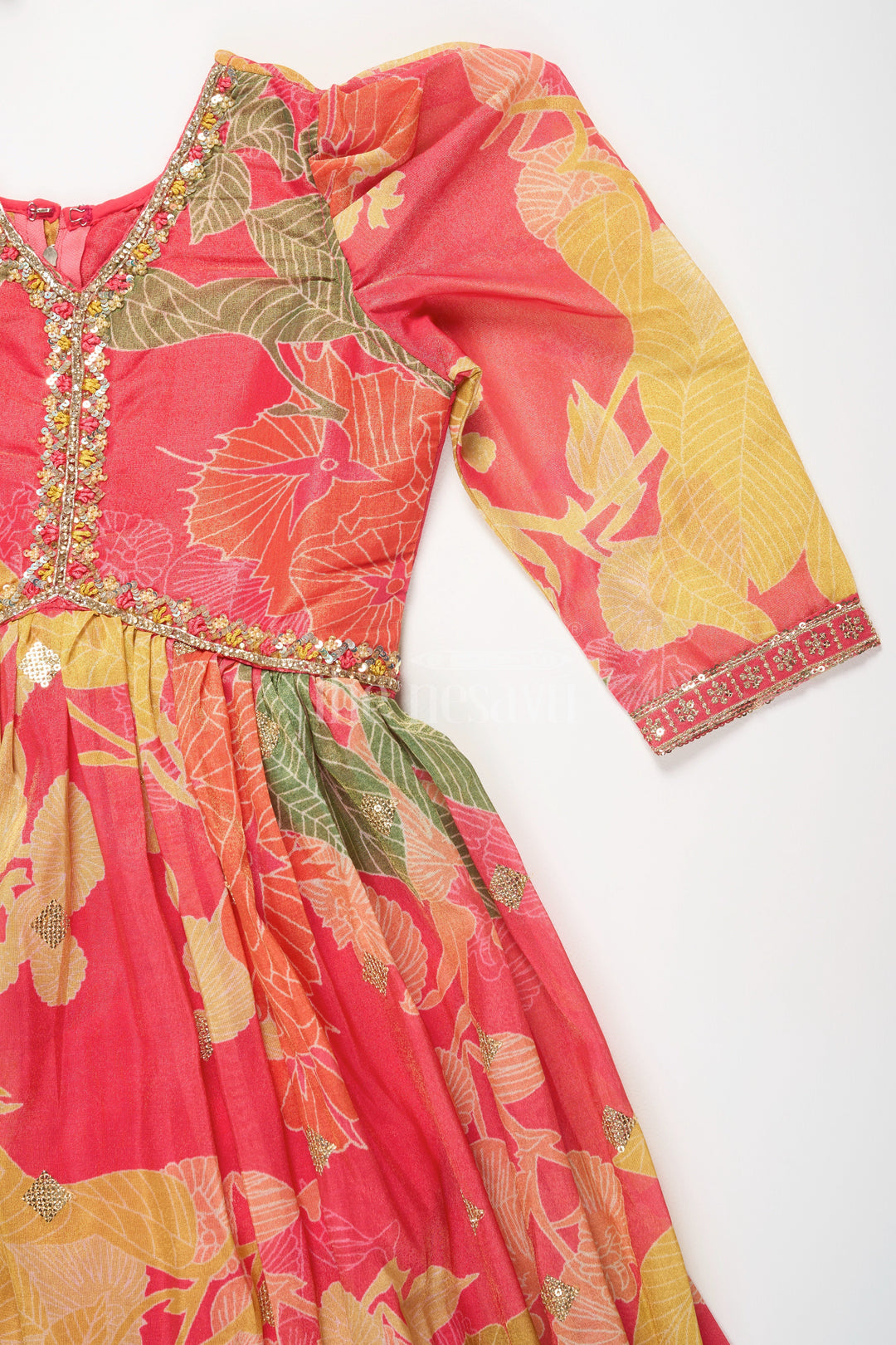 The Nesavu Girls Party Gown Multicolor Floral Print Girls Party Gown with Embellished Neckline and Long Sleeves Nesavu Nesavu Multicolor Floral Print Girls Party Gown Embellished Neckline Long Sleeves Special Occasions