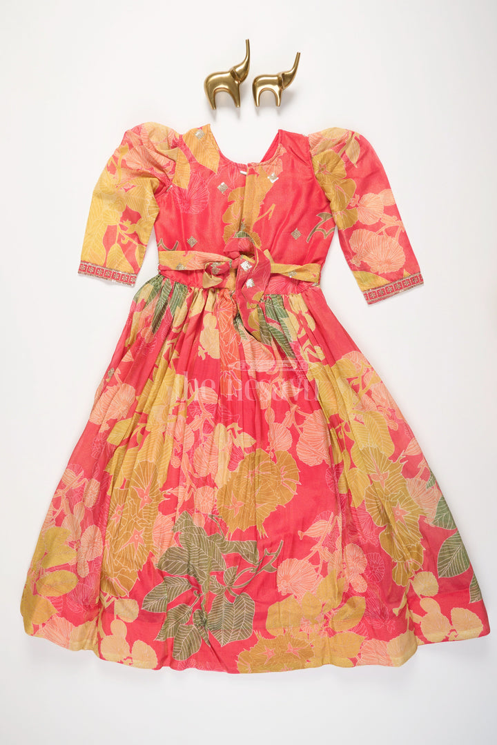 The Nesavu Girls Party Gown Multicolor Floral Print Girls Party Gown with Embellished Neckline and Long Sleeves Nesavu Nesavu Multicolor Floral Print Girls Party Gown Embellished Neckline Long Sleeves Special Occasions
