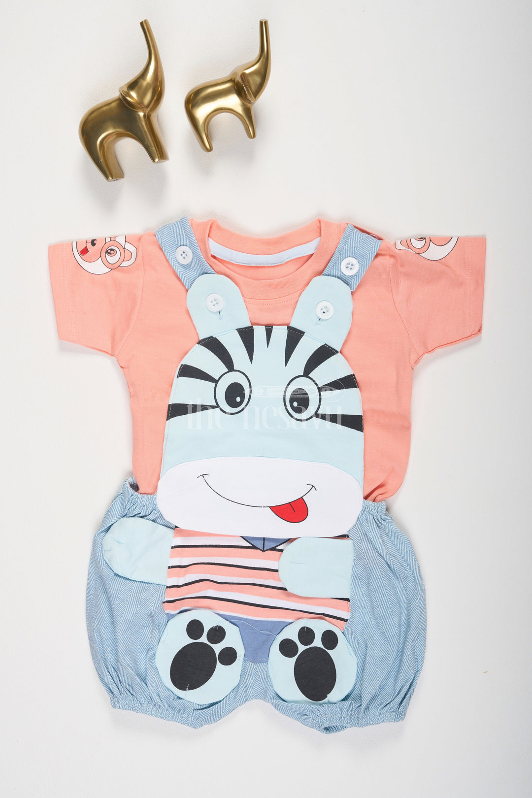 The Nesavu Baby Dungarees Multicolor Peach and Blue Baby Dungaree Set with Zebra Face Design for Boys Nesavu 12 (3M) / multicolor BCS137B-12 Peach Blue Multicolor Baby Dungaree Set Zebra Face Boys Nesavu Playful Outfit