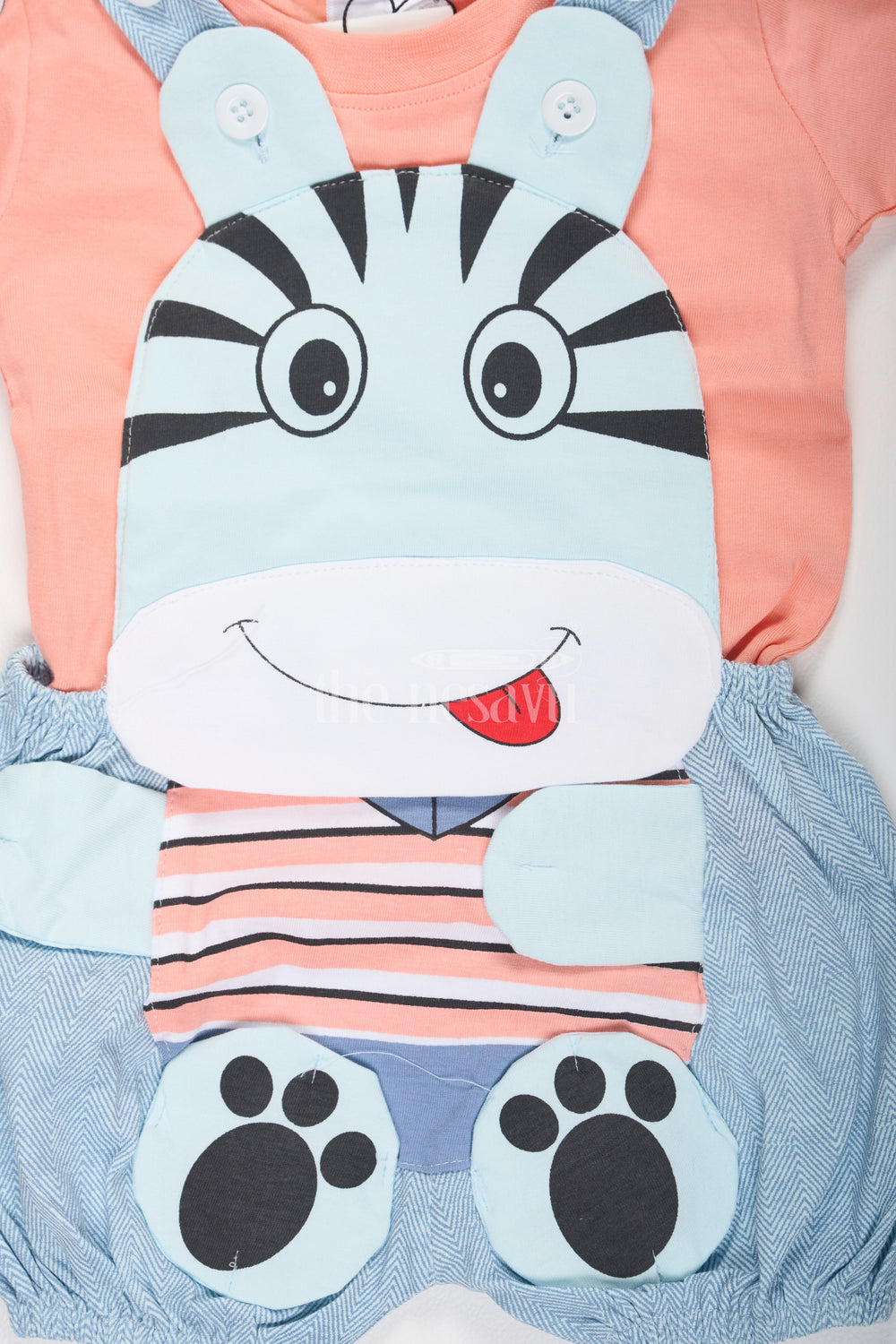 The Nesavu Baby Dungarees Multicolor Peach and Blue Baby Dungaree Set with Zebra Face Design for Boys Nesavu Peach Blue Multicolor Baby Dungaree Set Zebra Face Boys Nesavu Playful Outfit