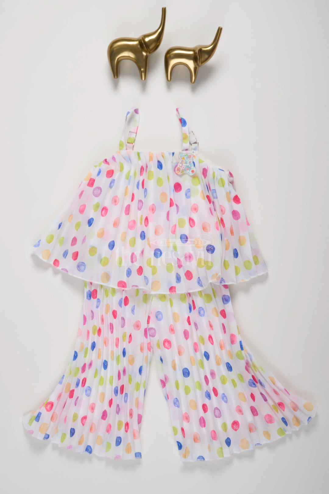 The Nesavu Girls Jumpsuit Multicolor Pleated Georgette Girls Jumpsuit with Polka Dot Print and Floral Detail Nesavu 16 (1Y) / multicolor BFJ653A-16 Nesavu Girls Multicolor Georgette Pleated Jumpsuit Polka Dots Floral Detail