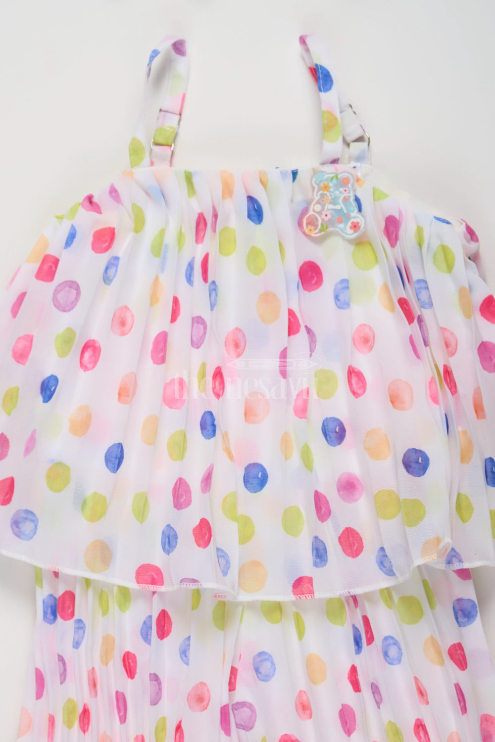 The Nesavu Girls Jumpsuit Multicolor Pleated Georgette Girls Jumpsuit with Polka Dot Print and Floral Detail Nesavu Nesavu Girls Multicolor Georgette Pleated Jumpsuit Polka Dots Floral Detail