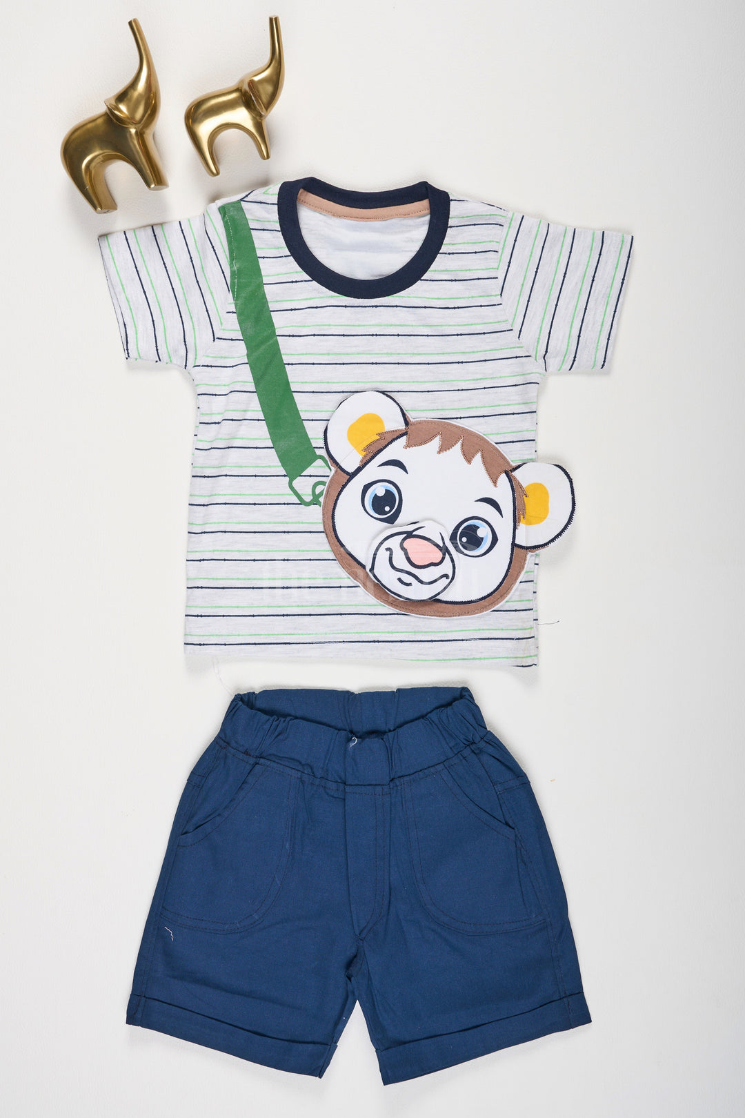 The Nesavu Boys Casual Set Multicolor Striped T-Shirt and Navy Blue Shorts Baby Casual Set with Lion Face for Boys Nesavu 12 (3M) / multicolor BCS140A-12 Striped Green Black T-Shirt Lion Face Navy Blue Shorts Baby Set Nesavu Boys Adventure Outfit