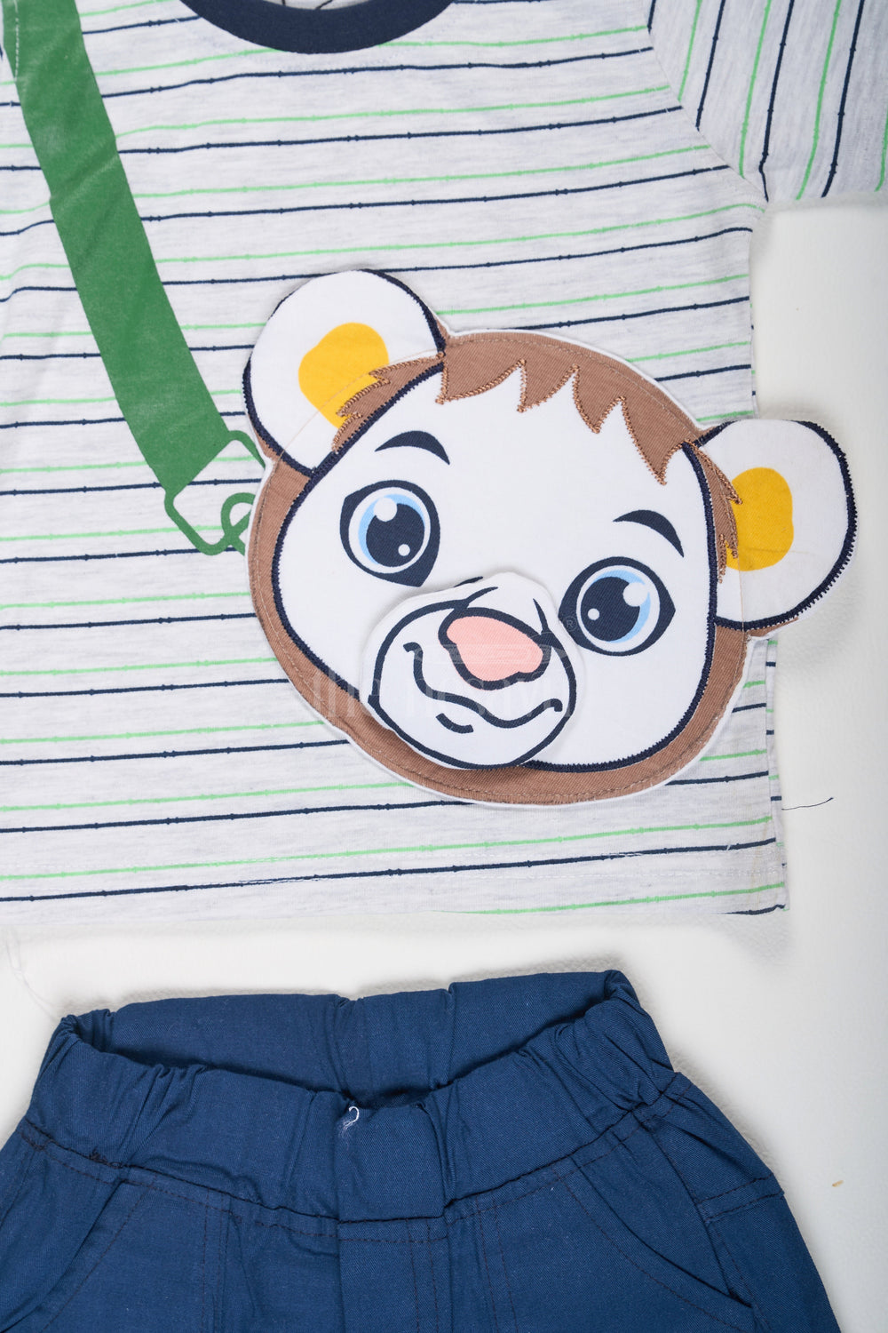 The Nesavu Boys Casual Set Multicolor Striped T-Shirt and Navy Blue Shorts Baby Casual Set with Lion Face for Boys Nesavu Striped Green Black T-Shirt Lion Face Navy Blue Shorts Baby Set Nesavu Boys Adventure Outfit