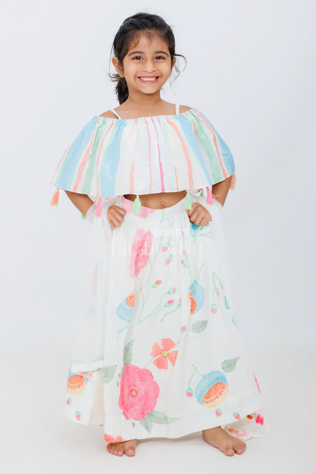 The Nesavu Girls Lehenga Choli Multicolored Pure Muslin Silk Off-Shoulder Lehenga Choli for Girls with Floral Prints Nesavu 16 (1Y) / multicolor GL519A-16 Nesavu Multicolored Muslin Silk Off-Shoulder Lehenga Choli Floral Prints Girls Festive Wear