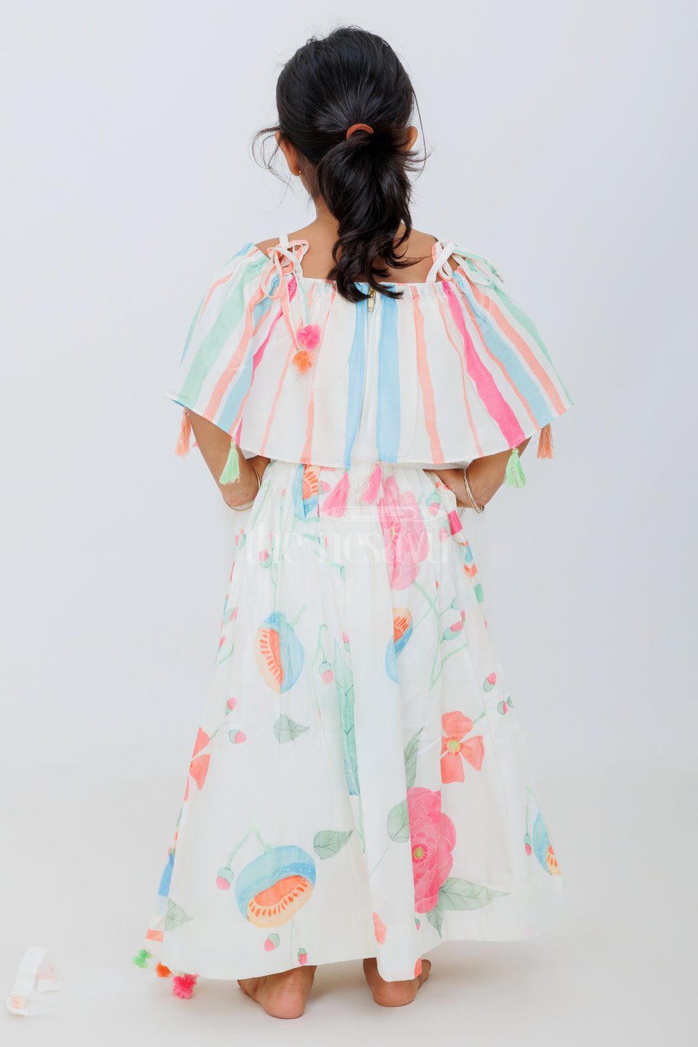 The Nesavu Girls Lehenga Choli Multicolored Pure Muslin Silk Off-Shoulder Lehenga Choli for Girls with Floral Prints Nesavu Nesavu Multicolored Muslin Silk Off-Shoulder Lehenga Choli Floral Prints Girls Festive Wear