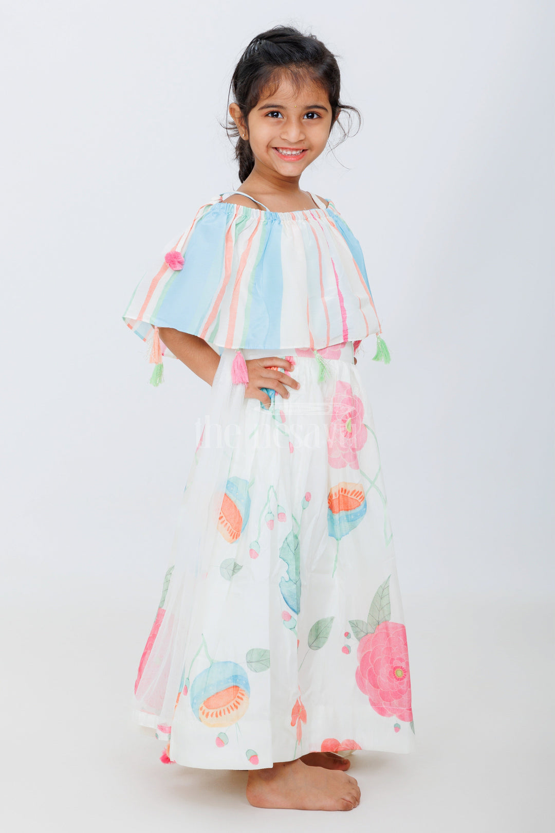 The Nesavu Girls Lehenga Choli Multicolored Pure Muslin Silk Off-Shoulder Lehenga Choli for Girls with Floral Prints Nesavu Nesavu Multicolored Muslin Silk Off-Shoulder Lehenga Choli Floral Prints Girls Festive Wear