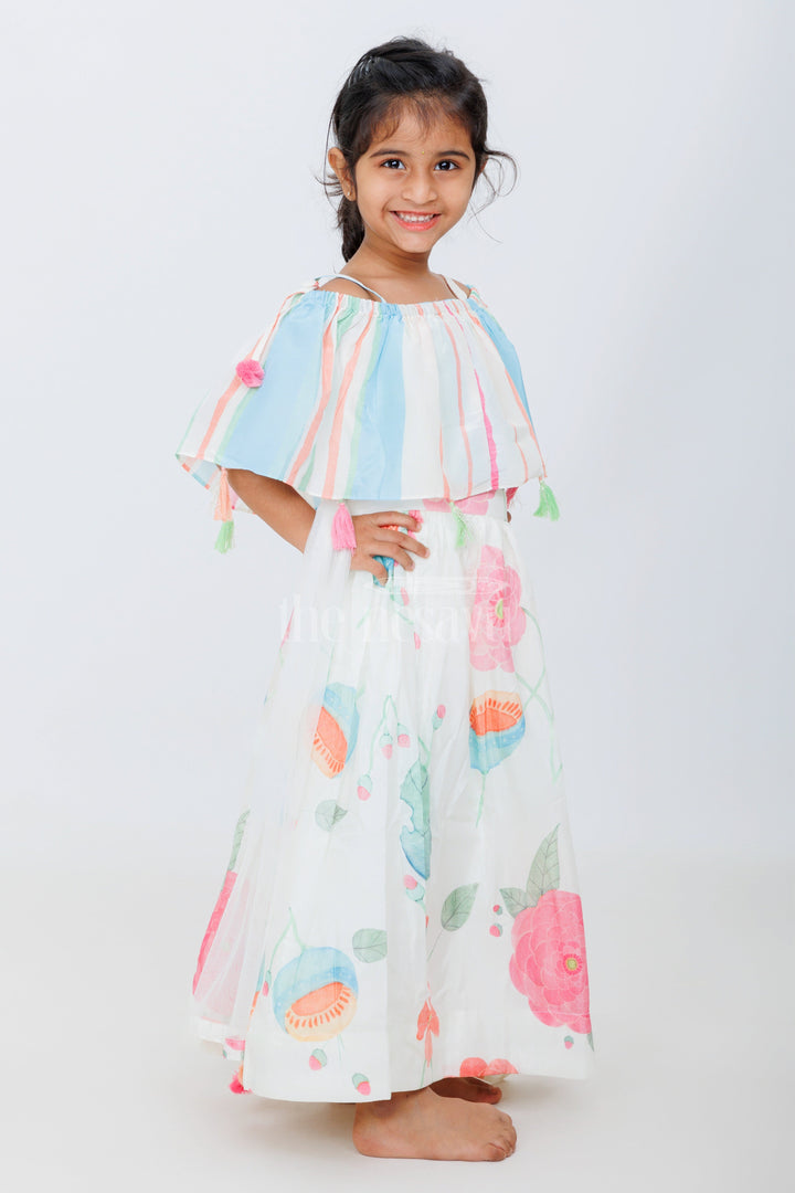 The Nesavu Girls Lehenga Choli Multicolored Pure Muslin Silk Off-Shoulder Lehenga Choli for Girls with Floral Prints Nesavu Nesavu Multicolored Muslin Silk Off-Shoulder Lehenga Choli Floral Prints Girls Festive Wear