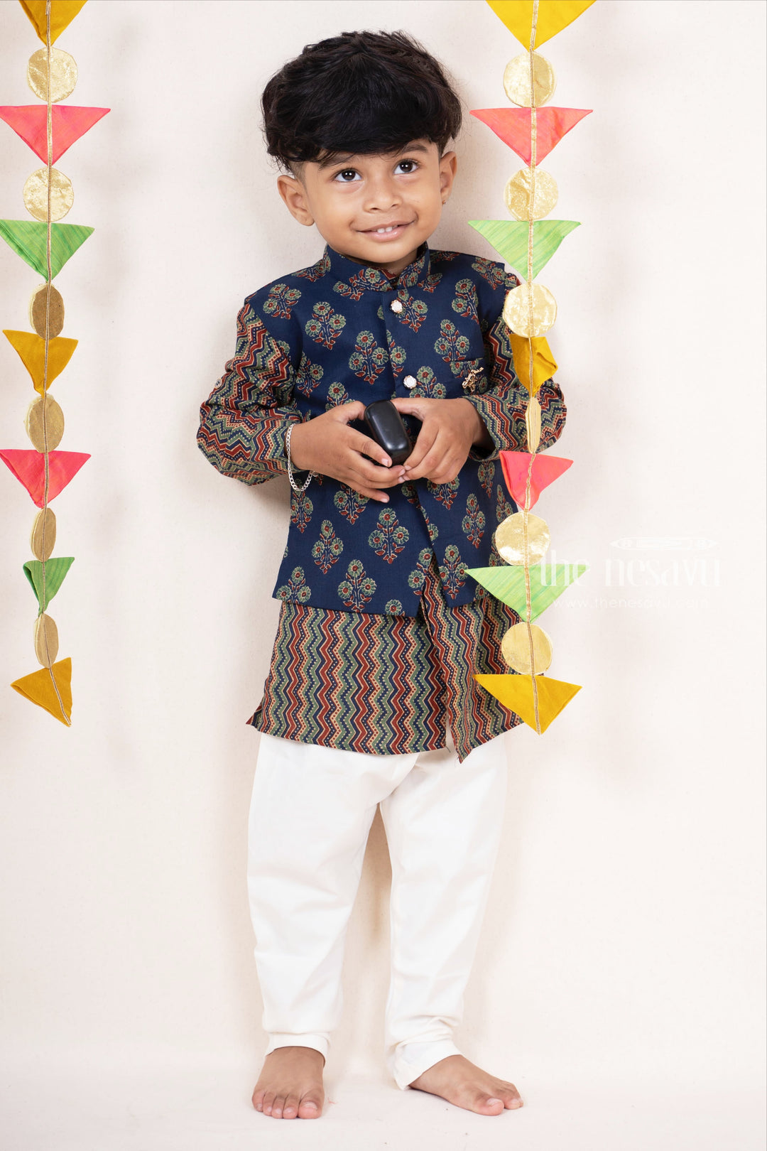 The Nesavu Boys Jacket Sets Multicolour Cotton Kurta With Blue Overcoat For Boys Nesavu Boys Ethnic Online Shopping | Stylish Khadi Kurta Suit Ideas | The Nesavu