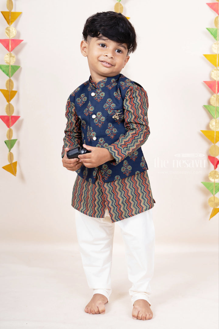 Multicolour Cotton Kurta With Blue Overcoat For Boys