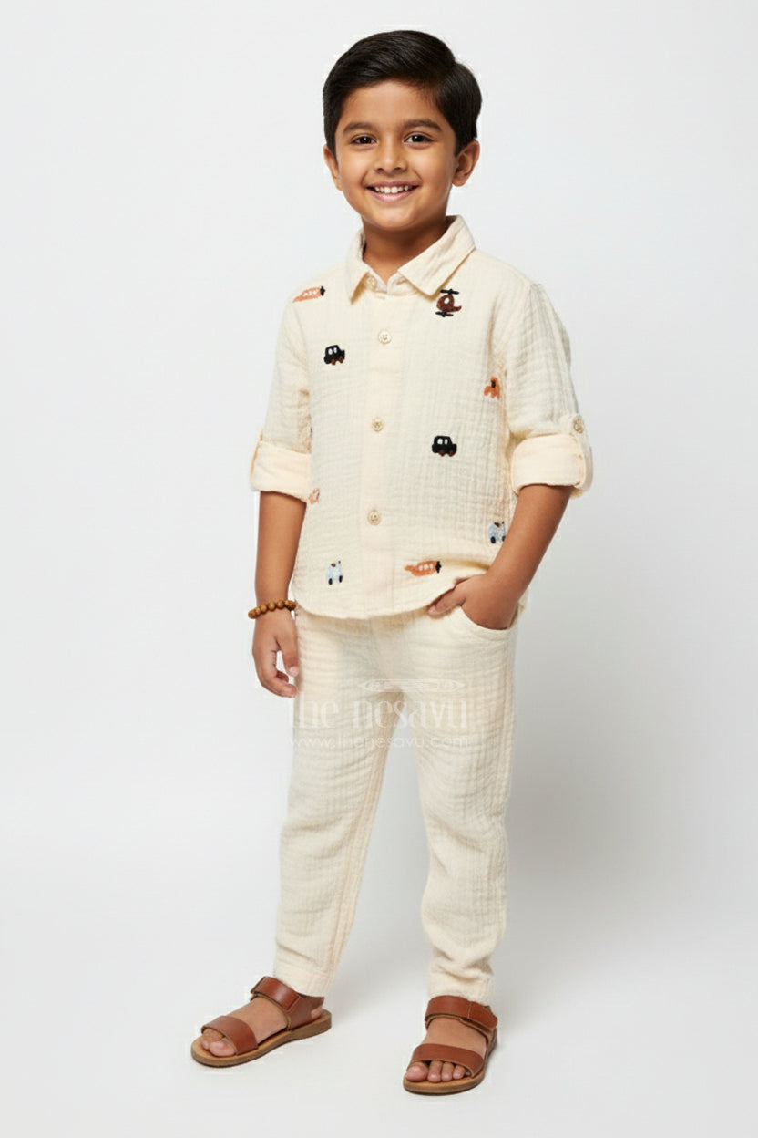 The Nesavu Boys Casual Set Muslin Cotton Casual Outfit for Toddler Boys with Embroidery Details Nesavu 12 (3M) / Cream BCS389B-12 Nesavu muslin cotton toddler boys outfit embroidery casual ethnic occasions