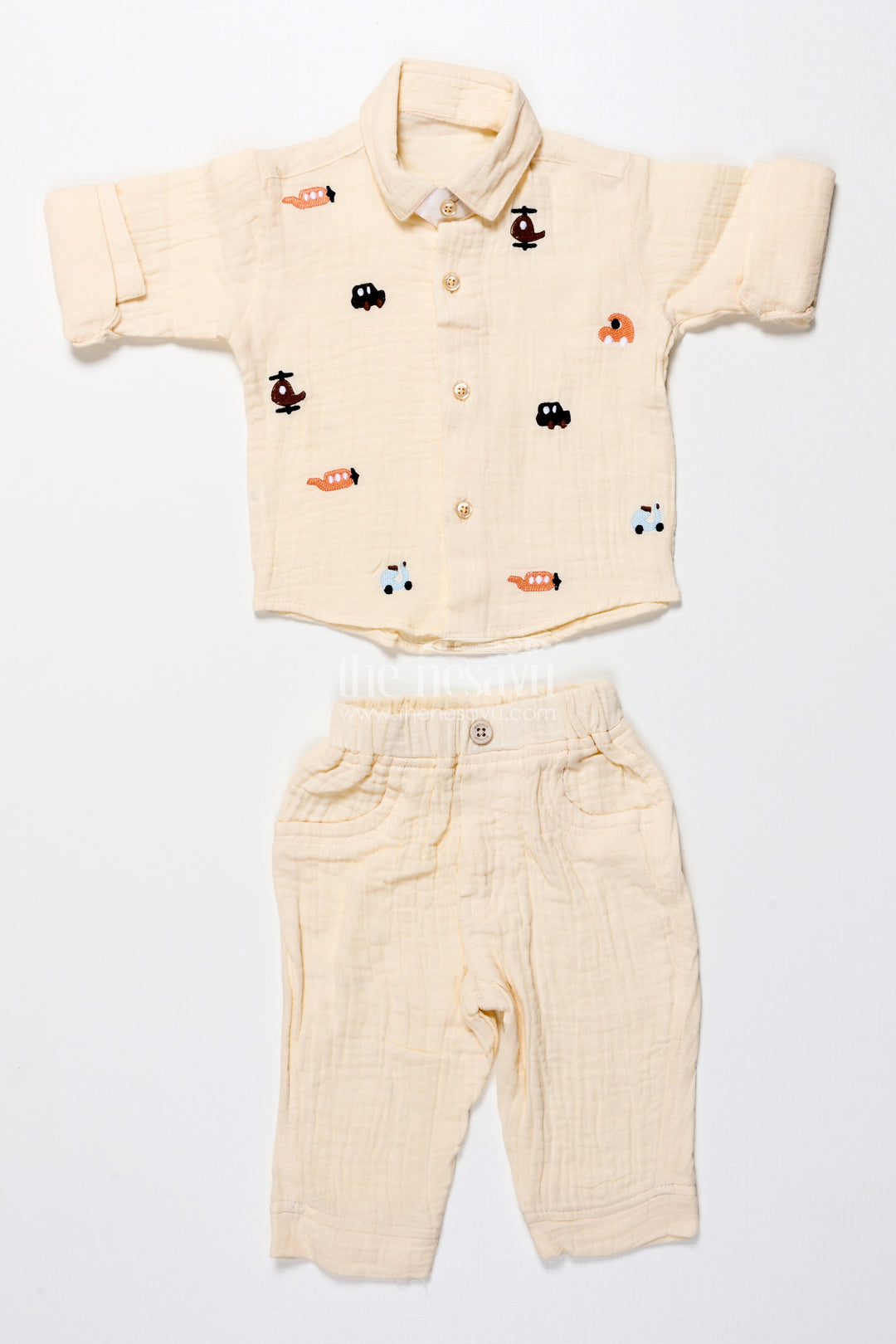 The Nesavu Boys Casual Set Muslin Cotton Casual Outfit for Toddler Boys with Embroidery Details Nesavu Nesavu muslin cotton toddler boys outfit embroidery casual ethnic occasions