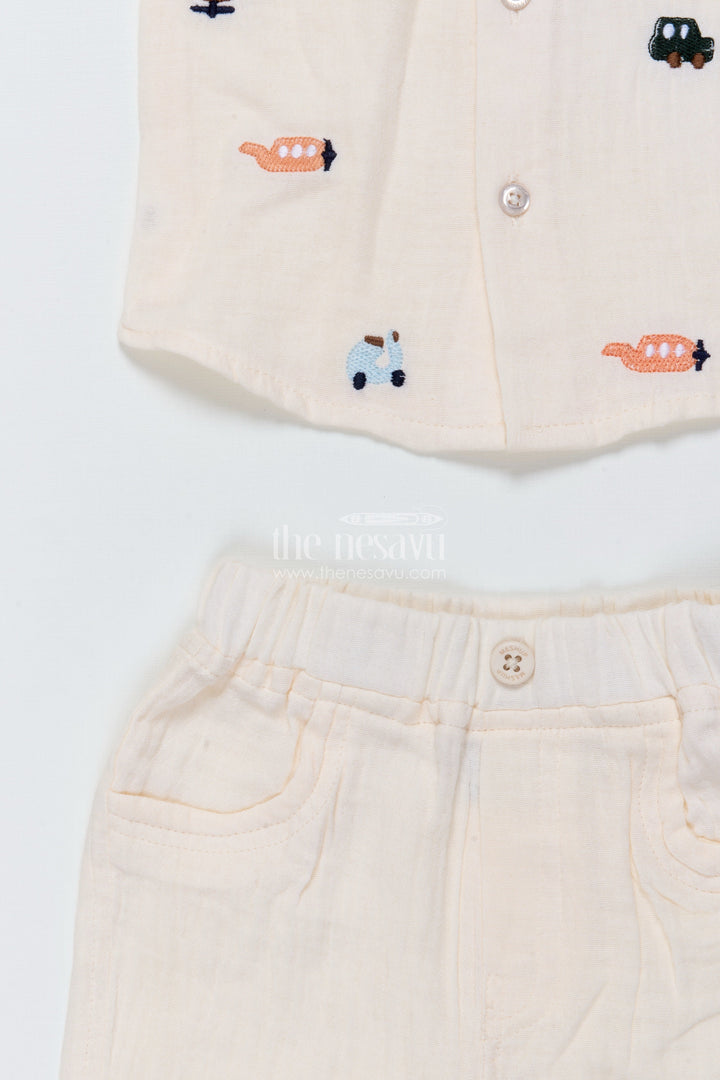 The Nesavu Boys Casual Set Muslin Cotton Casual Outfit for Toddler Boys with Embroidery Details Nesavu Nesavu muslin cotton toddler boys outfit embroidery casual ethnic occasions