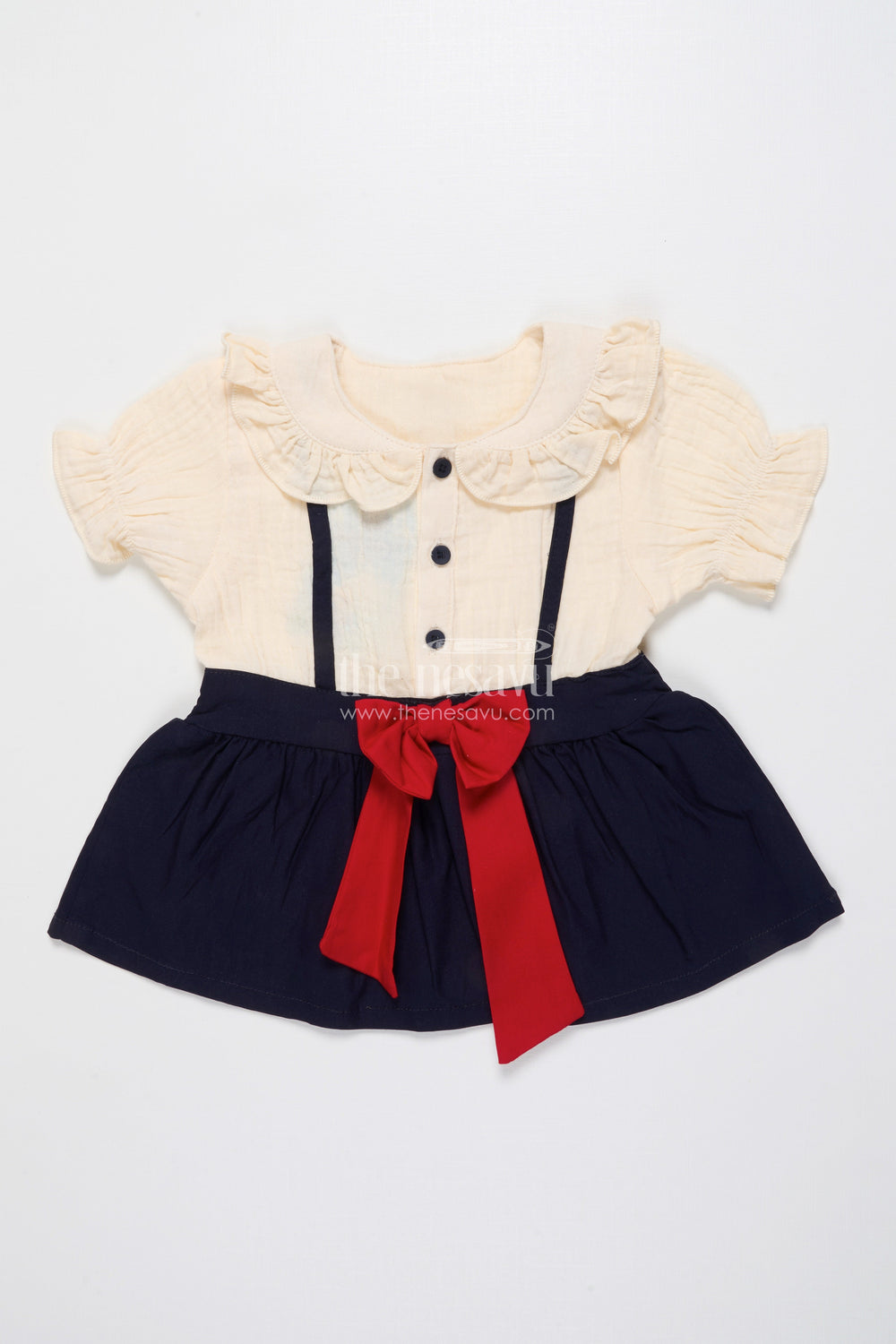 The Nesavu Baby Cotton Frocks Muslin Cotton Frock for Baby Girls with Bow Detail and Button Front Nesavu 12 (3M) / Blue BFJ871A-12 Nesavu baby girl muslin cotton frock red bow  perfect birthdays casual celebrations