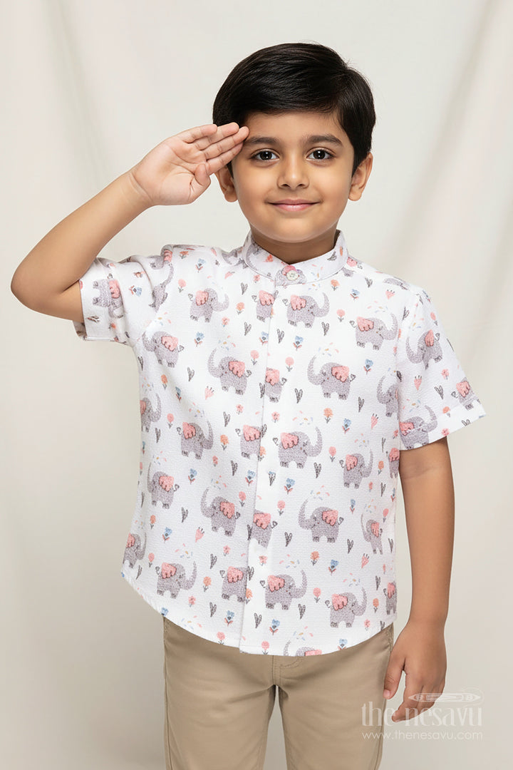 The Nesavu Boys Cotton Shirt Muslin Cotton Printed Shirt for Boys with Elephant and Floral Design Nesavu 16 (1Y) / White BS312A-16 Nesavu Boys Elephant Print Muslin Cotton Shirt Soft Printed Shirt Birthdays Playdates