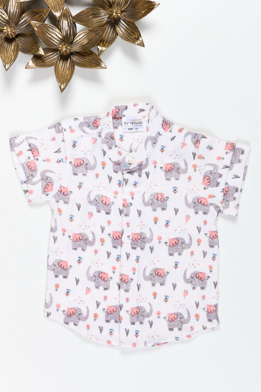 The Nesavu Boys Cotton Shirt Muslin Cotton Printed Shirt for Boys with Elephant and Floral Design Nesavu Nesavu Boys Elephant Print Muslin Cotton Shirt Soft Printed Shirt Birthdays Playdates