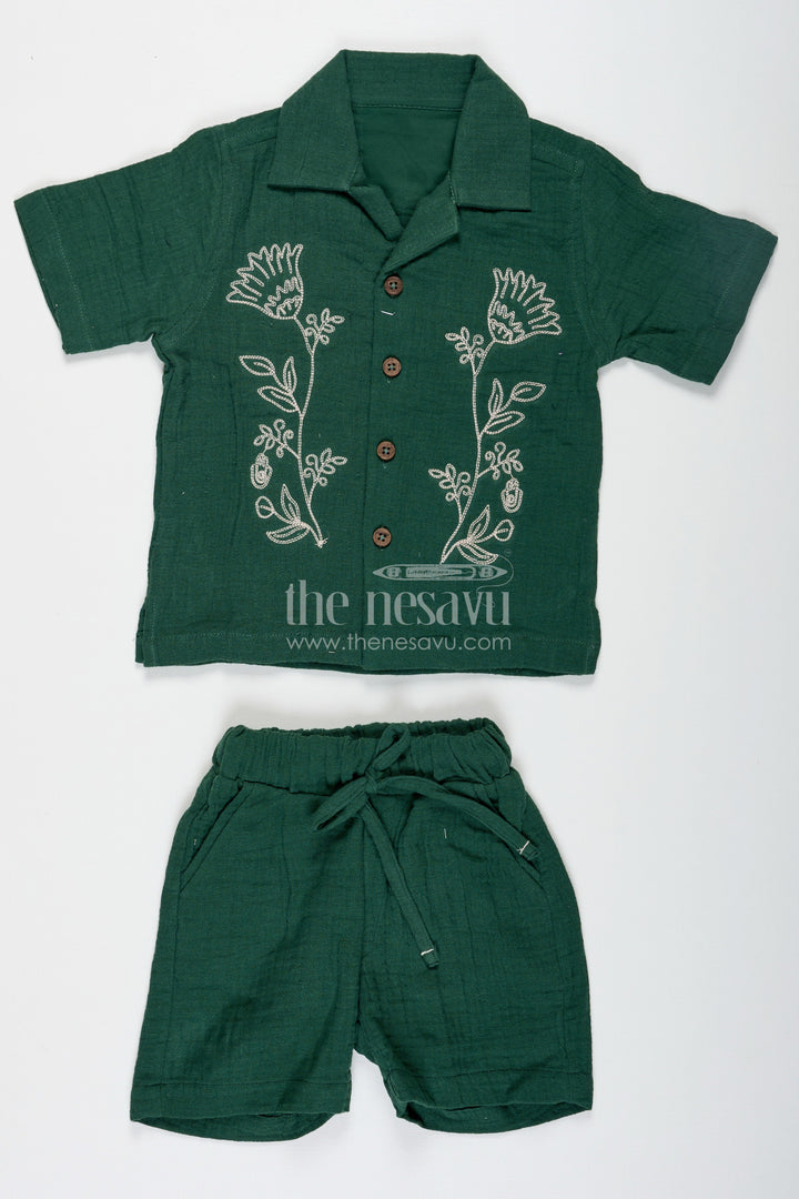 The Nesavu Boys Casual Set Muslin Set for Boys in Forest Green with Thread Embroidered Floral Shirt and Matching Shorts Nesavu 16 (1Y) / Green BCS226A-16 Muslin Set for Boys with Forest Green Embroidered Shirt and Shorts in Soft Cotton | The Nesavu