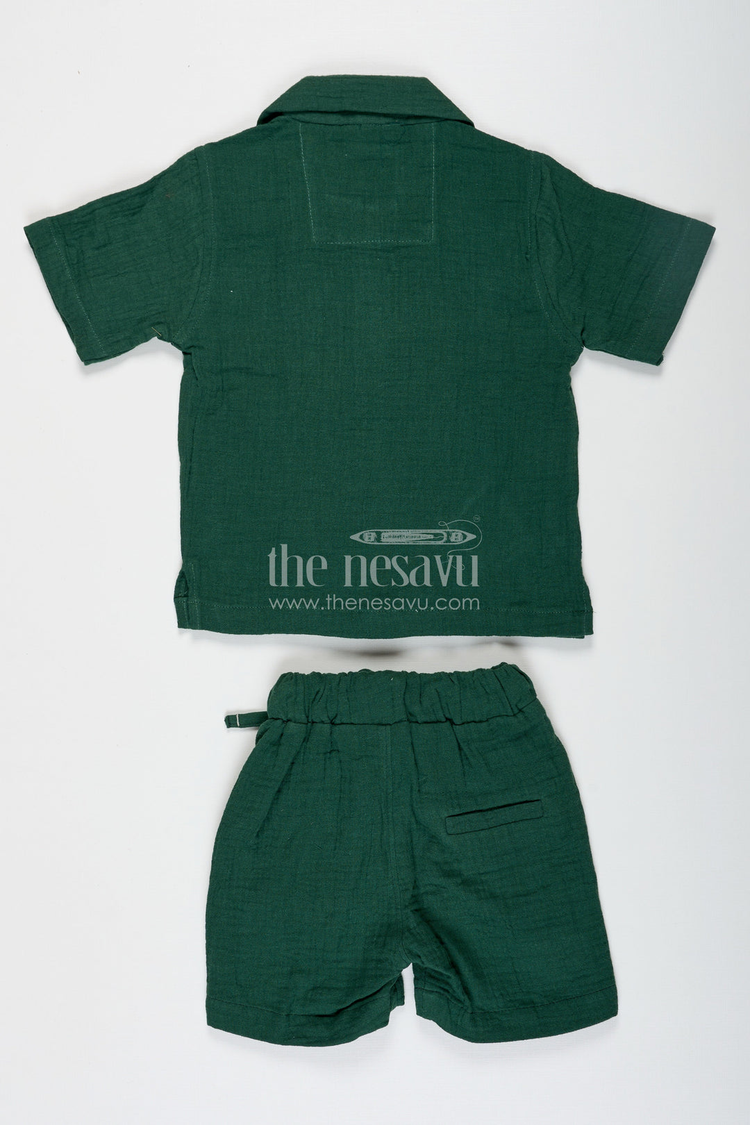 The Nesavu Boys Casual Set Muslin Set for Boys in Forest Green with Thread Embroidered Floral Shirt and Matching Shorts Nesavu Muslin Set for Boys with Forest Green Embroidered Shirt and Shorts in Soft Cotton | The Nesavu