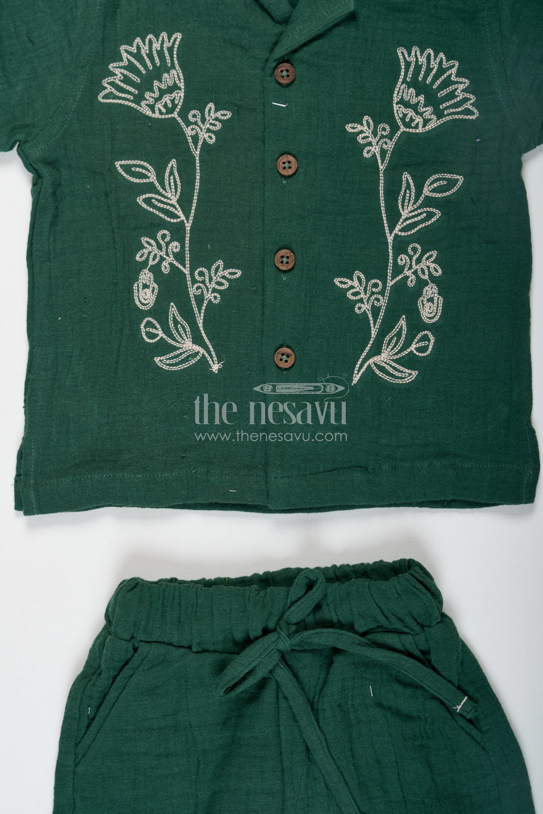 The Nesavu Boys Casual Set Muslin Set for Boys in Forest Green with Thread Embroidered Floral Shirt and Matching Shorts Nesavu Muslin Set for Boys with Forest Green Embroidered Shirt and Shorts in Soft Cotton | The Nesavu