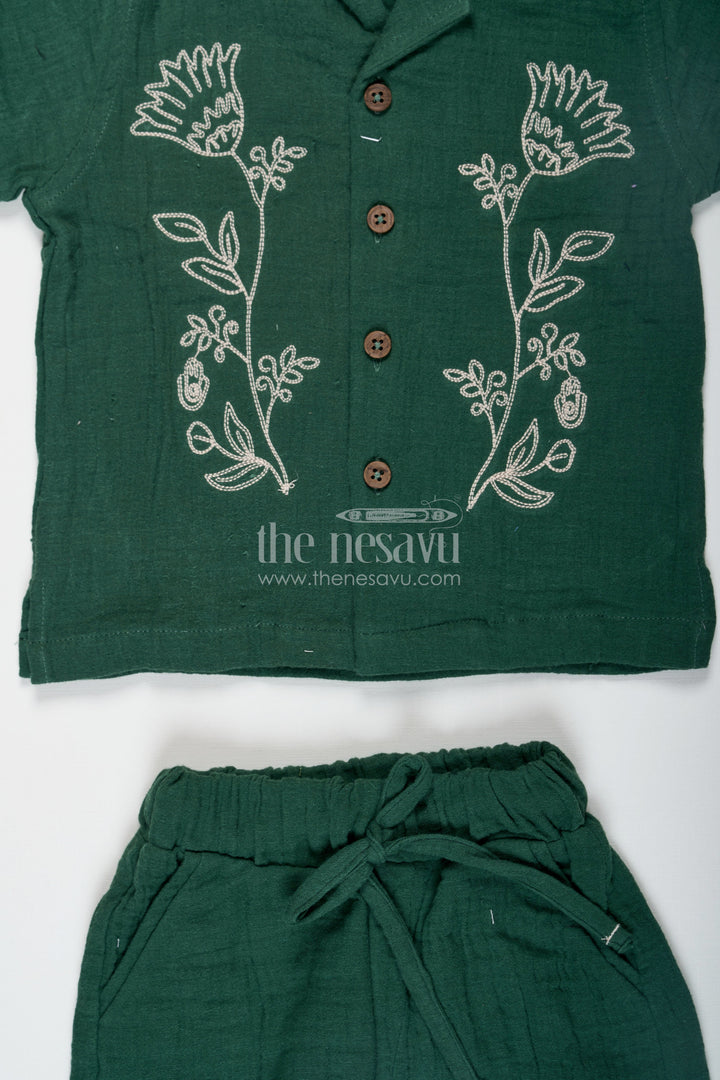 The Nesavu Boys Casual Set Muslin Set for Boys in Forest Green with Thread Embroidered Floral Shirt and Matching Shorts Nesavu Muslin Set for Boys with Forest Green Embroidered Shirt and Shorts in Soft Cotton | The Nesavu