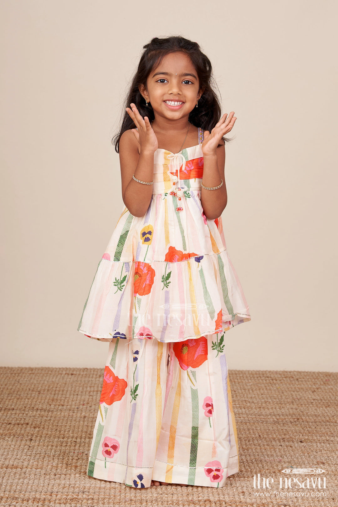 The Nesavu Girls Sharara / Plazo Set Muslin Silk Ethnic Set for Girls with Layered Top and Printed Plazo Nesavu 18 (2Y) / Cream GPS774A-18 Nesavu girls layered muslin silk ethnic set printed plazo  ideal festivals school ethnic days