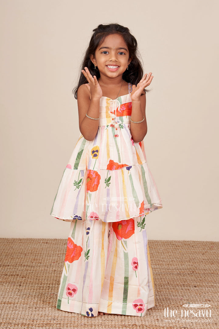 The Nesavu Girls Sharara / Plazo Set Muslin Silk Ethnic Set for Girls with Layered Top and Printed Plazo Nesavu 18 (2Y) / Cream GPS774A-18 Nesavu girls layered muslin silk ethnic set printed plazo  ideal festivals school ethnic days
