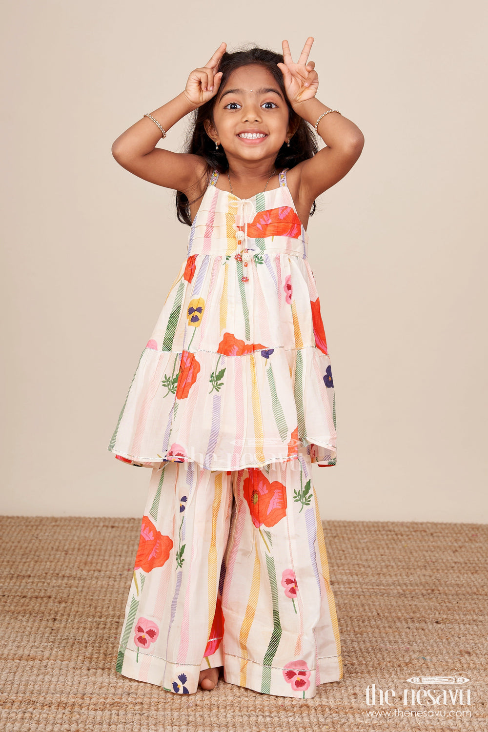 The Nesavu Girls Sharara / Plazo Set Muslin Silk Ethnic Set for Girls with Layered Top and Printed Plazo Nesavu Nesavu girls layered muslin silk ethnic set printed plazo  ideal festivals school ethnic days
