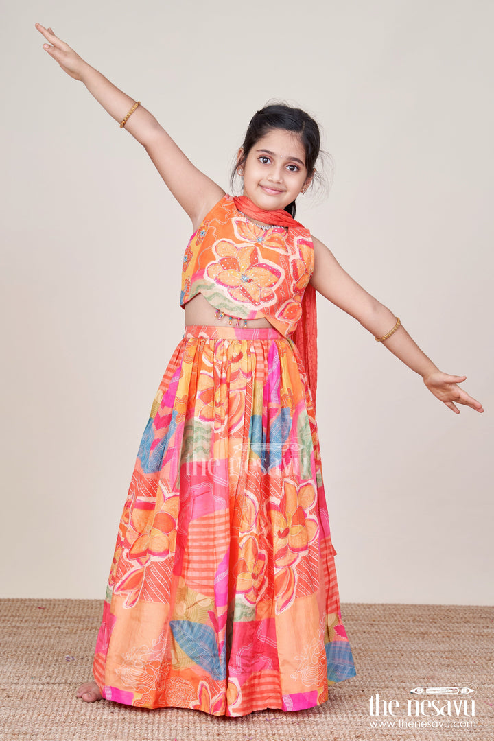 The Nesavu Girls Lehenga Choli Muslin Silk Lehenga Choli for Girls with Vibrant Print for Festive Dressing Nesavu 18 (2Y) / Orange GL793B-18 Nesavu girls festive lehenga choli printed muslin silk  perfect birthdays cultural functions