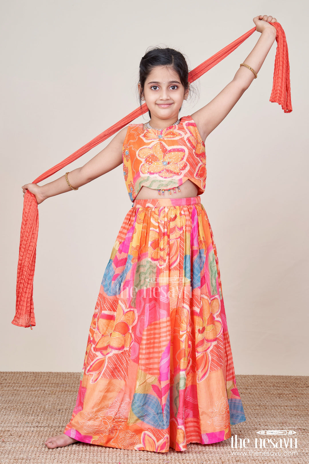 The Nesavu Girls Lehenga Choli Muslin Silk Lehenga Choli for Girls with Vibrant Print for Festive Dressing Nesavu Nesavu girls festive lehenga choli printed muslin silk  perfect birthdays cultural functions