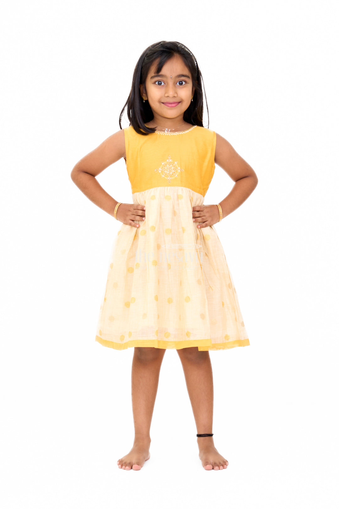 The Nesavu Girls Chanderi Frock Mustard and Beige Chanderi Cotton Frock for Girls with Silver Beadwork and Polka Dot Details Nesavu 16 (1Y) / Yellow GFC1430B-16 Nesavu Girls Mustard Beige Chanderi Cotton Frock Silver Beadwork Polka Dot Skirt
