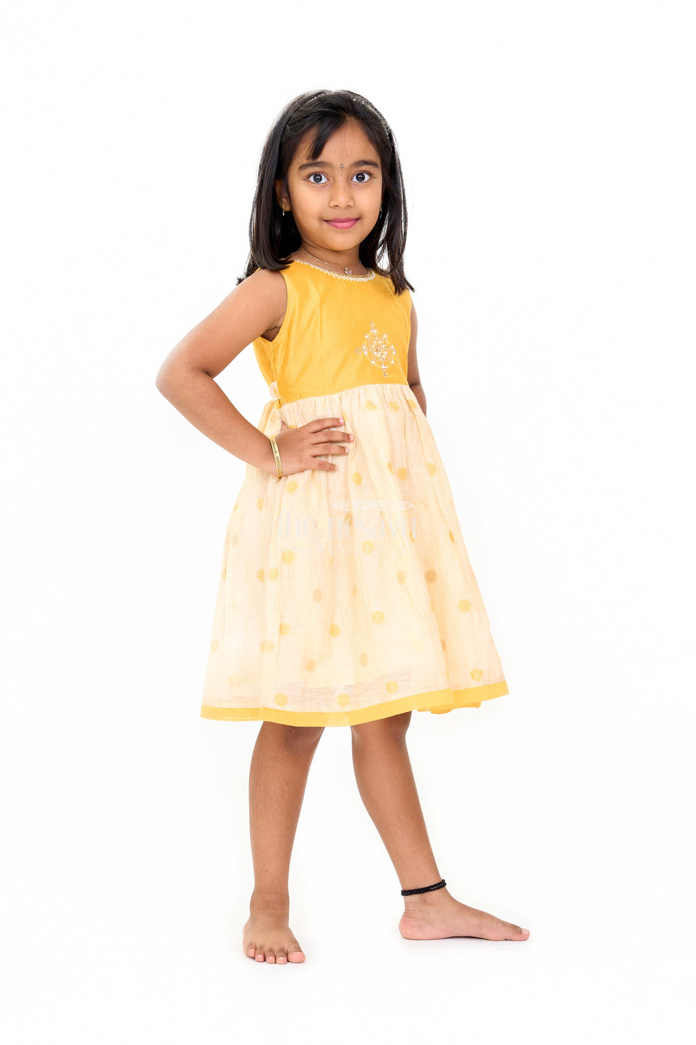 The Nesavu Girls Chanderi Frock Mustard and Beige Chanderi Cotton Frock for Girls with Silver Beadwork and Polka Dot Details Nesavu Nesavu Girls Mustard Beige Chanderi Cotton Frock Silver Beadwork Polka Dot Skirt
