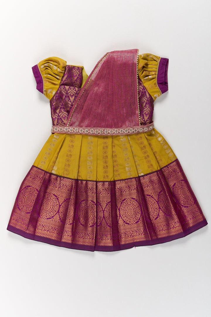 The Nesavu Girls Kanchi Silk Frock Mustard and Maroon Pattu Pavadai for Girls with Elegant Zari Motifs Nesavu 14 (6M) / Maroon / Style 1 SF844BA-14 Mustard Maroon Pattu Pavadai Girls Elegant Zari Motifs | The Nesavu