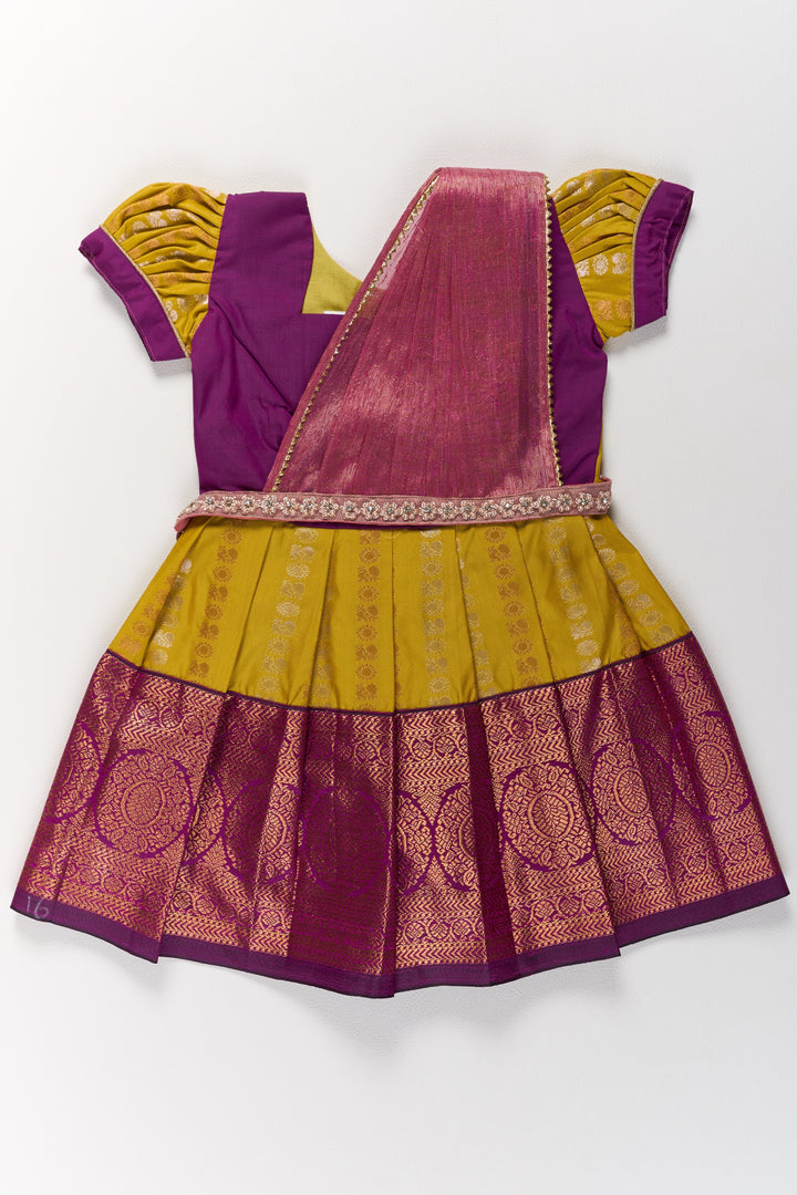 The Nesavu Girls Kanchi Silk Frock Mustard and Maroon Pattu Pavadai for Girls with Elegant Zari Motifs Nesavu 14 (6M) / Maroon / Style 3 SF844BC-14 Mustard Maroon Pattu Pavadai Girls Elegant Zari Motifs | The Nesavu