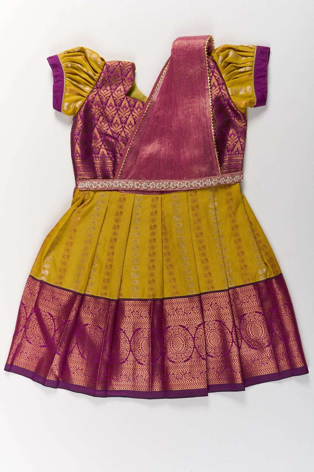 The Nesavu Girls Kanchi Silk Frock Mustard and Maroon Pattu Pavadai for Girls with Elegant Zari Motifs Nesavu 20 (3Y) / Maroon / Style 2 SF844BB-20 Mustard Maroon Pattu Pavadai Girls Elegant Zari Motifs | The Nesavu
