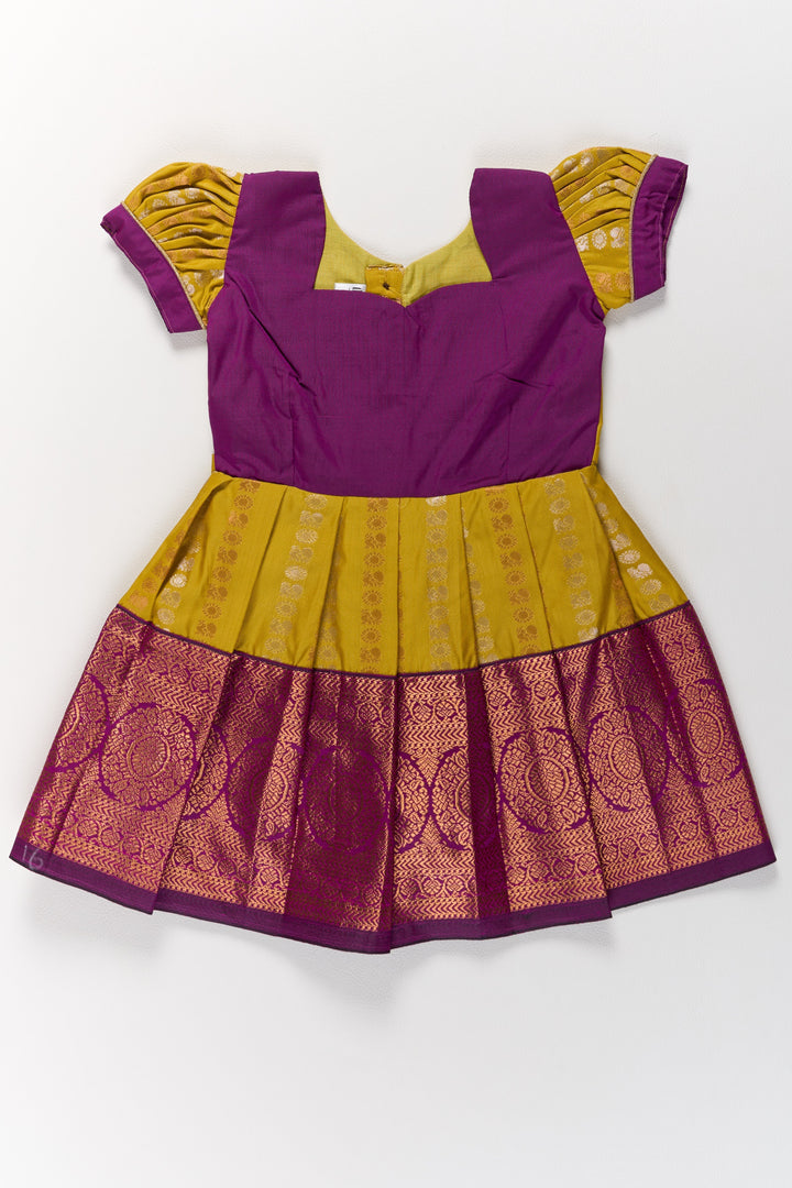 The Nesavu Girls Kanchi Silk Frock Mustard and Maroon Pattu Pavadai for Girls with Elegant Zari Motifs Nesavu Mustard Maroon Pattu Pavadai Girls Elegant Zari Motifs | The Nesavu