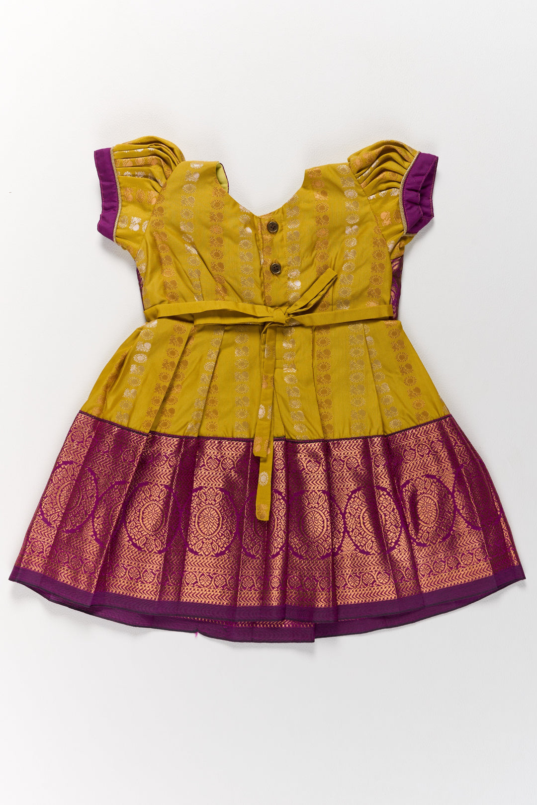 The Nesavu Girls Kanchi Silk Frock Mustard and Maroon Pattu Pavadai for Girls with Elegant Zari Motifs Nesavu Mustard Maroon Pattu Pavadai Girls Elegant Zari Motifs | The Nesavu