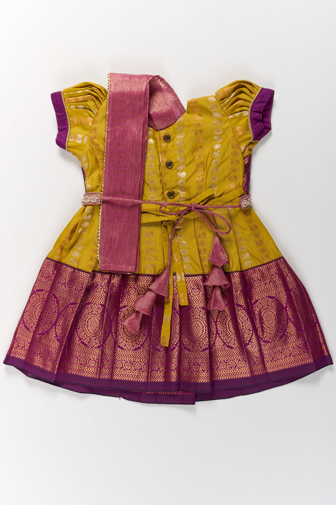 The Nesavu Girls Kanchi Silk Frock Mustard and Maroon Pattu Pavadai for Girls with Elegant Zari Motifs Nesavu Mustard Maroon Pattu Pavadai Girls Elegant Zari Motifs | The Nesavu