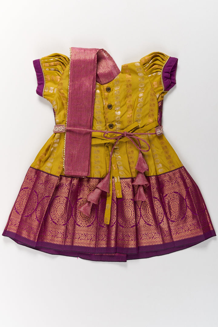 The Nesavu Girls Kanchi Silk Frock Mustard and Maroon Pattu Pavadai for Girls with Elegant Zari Motifs Nesavu Mustard Maroon Pattu Pavadai Girls Elegant Zari Motifs | The Nesavu