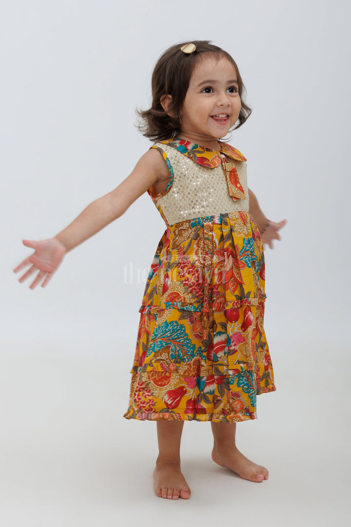 The Nesavu Baby Fancy Frock Mustard Blend Silk Frock with Peter Pan Collar and Floral Print Nesavu 14 (6M) / Mustard BFJ593A-14 Mustard Blend Silk Frock with Peter Pan Collar and Floral Print - Nesavu