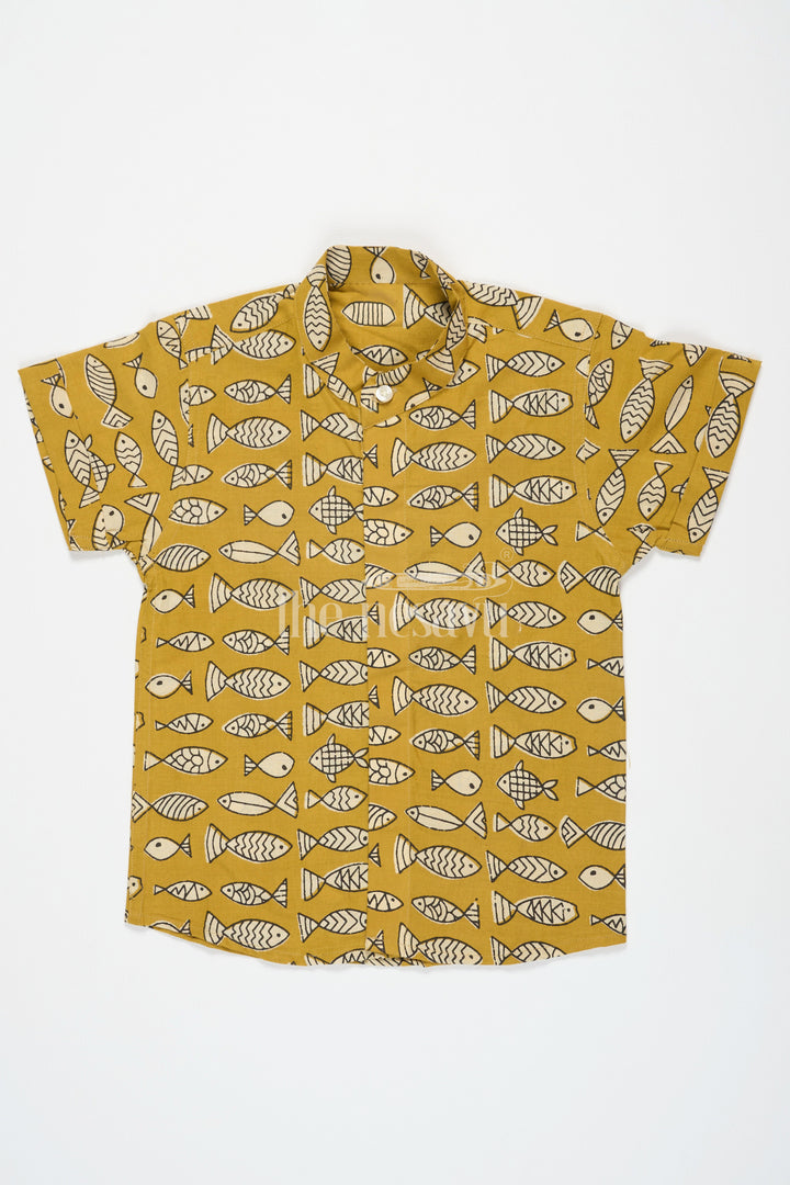 The Nesavu Boys Cotton Shirt Mustard Boys Ajarak Block Printed Cotton Shirt Half Sleeves with Fish Design Traditional Look Nesavu 16 (1Y) / Mustard BS202B-16 Mustard Ajarak Block Print Boys Cotton Shirt Nesavu Fish Design Half Sleeves Festive Wear