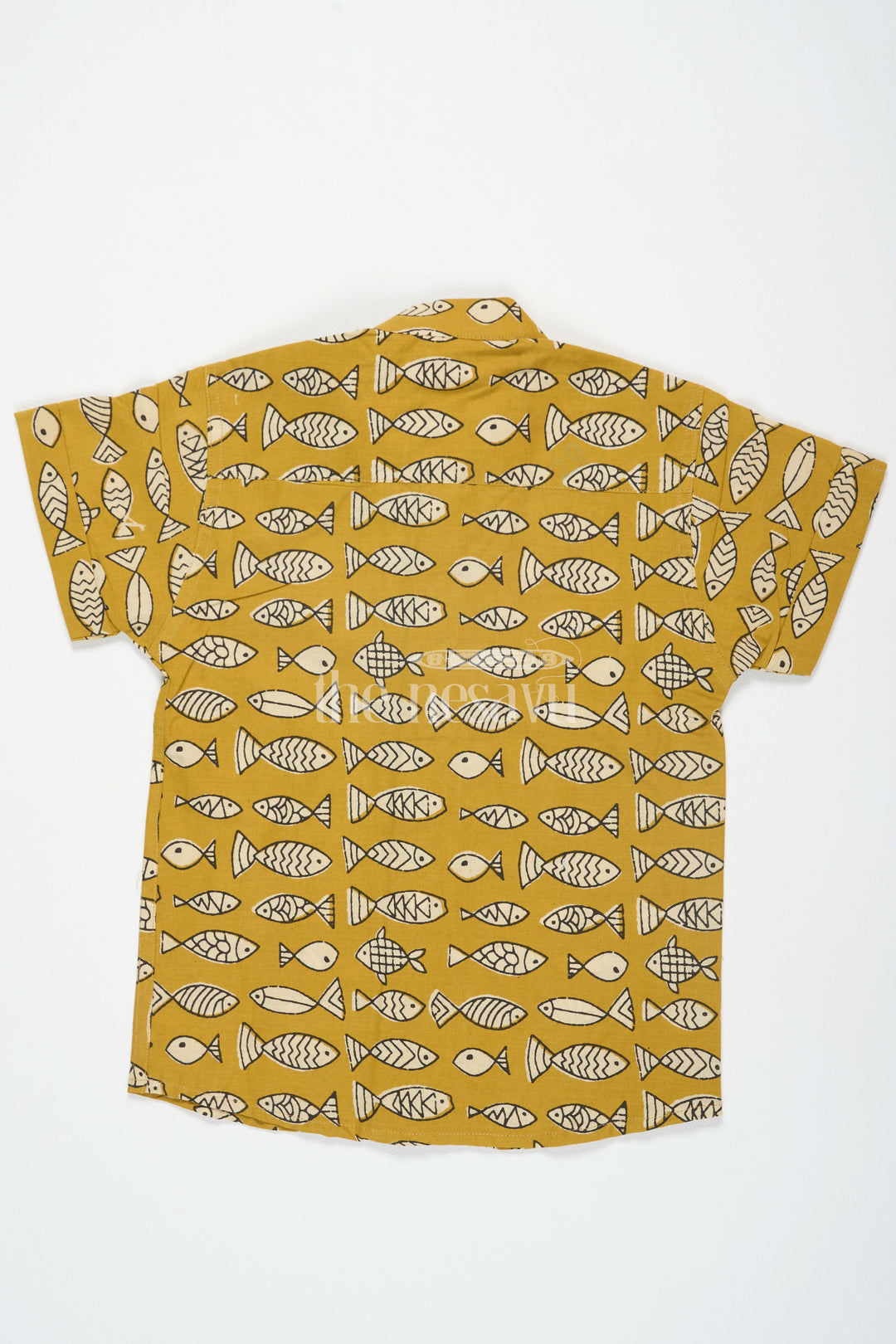 The Nesavu Boys Cotton Shirt Mustard Boys Ajarak Block Printed Cotton Shirt Half Sleeves with Fish Design Traditional Look Nesavu Mustard Ajarak Block Print Boys Cotton Shirt Nesavu Fish Design Half Sleeves Festive Wear